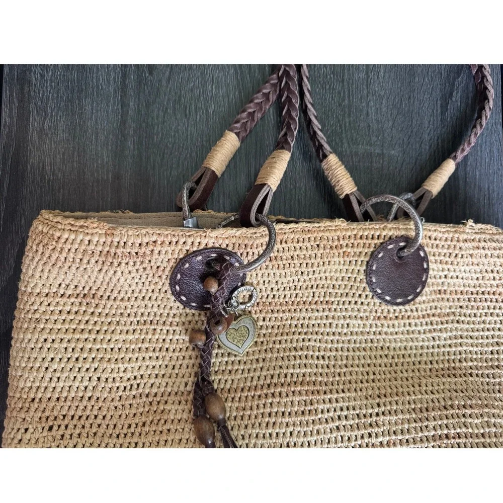 Brighton Straw Woven Raffia Tote Bag Braided Leather Straps Heart Charm Brown